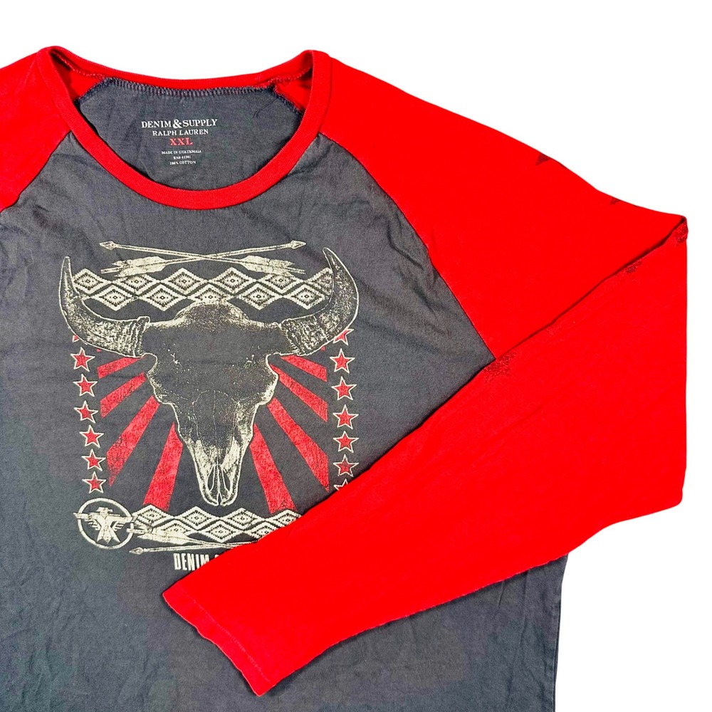 Denim & Supply Ralph Lauren Raglan Bull Skull Graphic T-Shirt Men's 2XL Red Grey